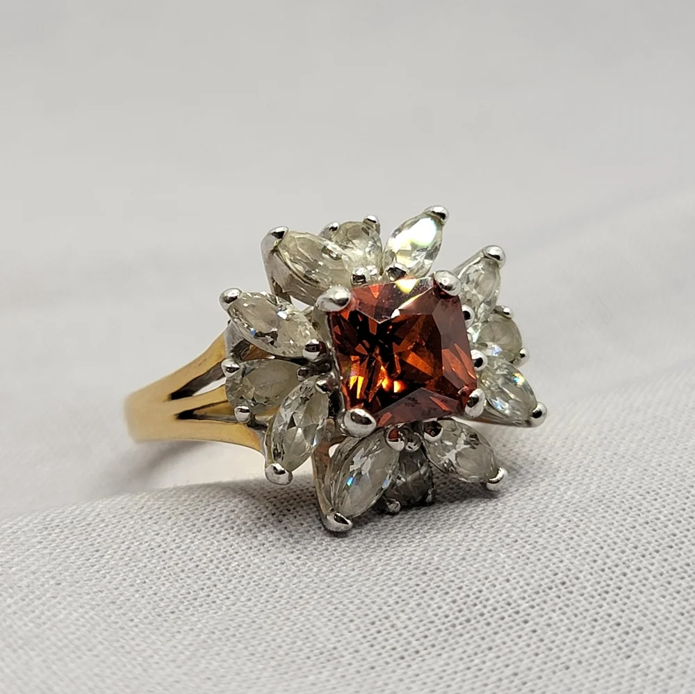 Gorgeous Vintage Sunburst Cocktail Ring Simulated Garnet and Diamond